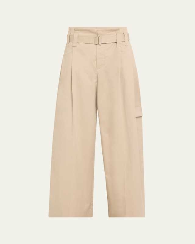 Pleated Cotton Gabardine Wide-Leg Cargo Pants